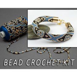 DIY beautiful bracelet, Bead crochet kit, Needlework bead jewelry kit, Adult crafts, gift idea, Blue black gold bracelet kit, DIY Gift