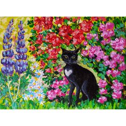 Black Cat Painting Original Art Flowers Oil Blooming Garden Art Pet Portrait