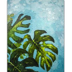Monstera Painting Tropical Leaf Original Art Floral Artwork Botanical Impasto Oil Painting Wall Art 14" by 11" by Nadya Ya