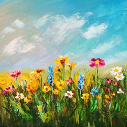 Meadow Landscape Original Art Landscape Painting Flowers Field Art Oil Painting Size 12 by 12 by ArtByMila
