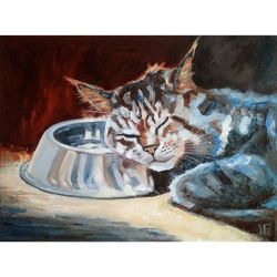 tabby cat painting original sleeping maine coon cat portrait wall art funny animal artwork