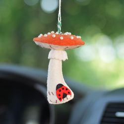 Toadstool mushrooms made of felt car rearview mirror. Car accessories for teenagers, for women. Forest style fly agarics.