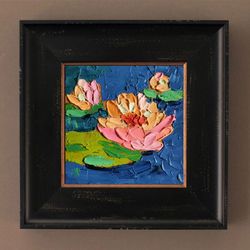 Water lilies Painting Original Art Small Impasto Oil Painting Flower Art 4 x 4 in by Verafe