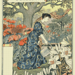 pdf counted vintage cross stitch pattern | garden calendar for july | female gardener | 1800s | 5 sizes