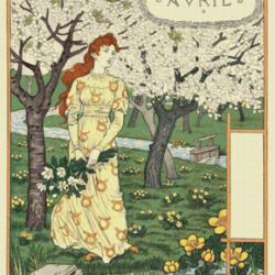 pdf counted vintage cross stitch pattern | garden calendar for april | female gardener | 1800s | 5 sizes