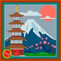 Pagoda Cross Stitch Pattern | Mount Fuji