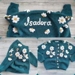 Hand knit sweater with baby name, embroidered flowers, bees. Personalized wool cardigan 1st birthday gift for girls kids