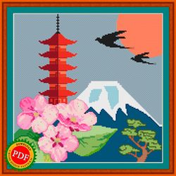 Japanese Pagoda Cross Stitch Pattern | Sakura | Bonsai