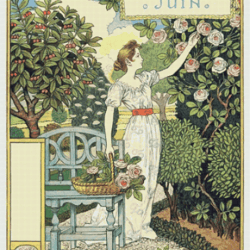 pdf counted vintage cross stitch pattern | garden calendar for june | female gardener | 1800s | 5 sizes