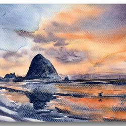 Cannon Beach Painting Large Watercolor Print Oregon Coast Poster Haystack Rock Sunset Seaside