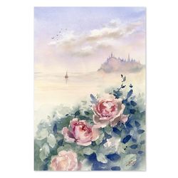Fantasy seascepe painting Original art Castle, roses and sea Watercolor by Yulia Evsyukova