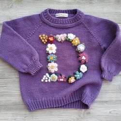 Handmade wool knit sweater with baby's name. Personalized winter knitted sweater with flowers embroidery for girls, kids