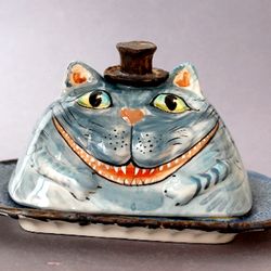 Cheshire Cat food storage ,Handmade Ceramic Butter Dish, Cat smile Alice in Wonderland, funny cat hat, Sculpture