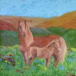 Original Oil Painting Horse with Cub Oil Impasto Small Artwork 12 by 12 by NadyaLerm