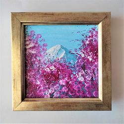 Mountain Landscape Textured Painting Cherry Blossom Miniature Painting Landscape wall Decor Art Fujiyama painting