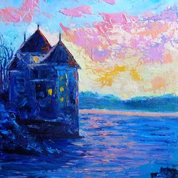 Castle Painting Oil Seascape Original Art Sunset Artwork Impasto Canvas Art