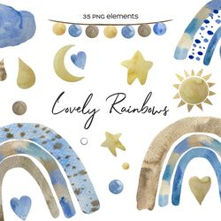 Watercolor boho rainbow clipart with blue and biege elements
