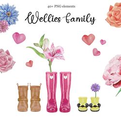 watercolor wellies clipart. personalised family welly boots