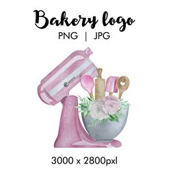 Watercolor bakery logo with pink pastry mixer and flowers