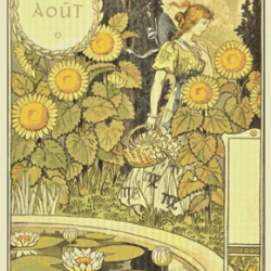 PDF Counted Vintage Cross Stitch Pattern | Garden Calendar for August 1896 | Female Gardener | Sunflowers | 5 Sizes