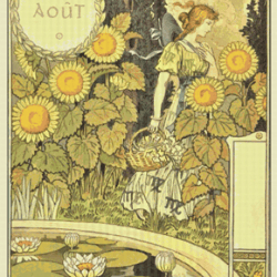 pdf counted vintage cross stitch pattern | garden calendar for august 1896 | female gardener | sunflowers | 5 sizes