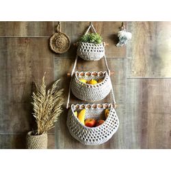 Three tiered hanging fruit basket kitchen Wall decor Natural vegan storage of small items Save space Boho interior wall