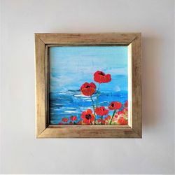 Landscape Poppies Miniature Painting Ocean Small Wall Art Poppies Flower Wall Decor Tiny Painting Poppies Mini painting