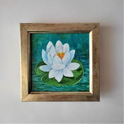 Lotus Painting Water Lily Painting Impasto Lotus Small Art Wall Miniature Painting White Lotus Tiny Painting Decor Wall