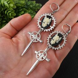 Steampunk Earrings Angel Cameo Silver Gears Sword Dagger Knife Blade Watch Parts Long Statement Grunge Earrings Jewelry