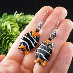 Lampwork Murano Glass Earrings Orange Fire Red Zebra Striped Black & White Fish Silver Plated Nautical Maritime Earrings