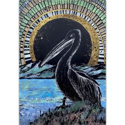 Pelican painting Bird Original artwork Landscape wall art Black paper art Animal watercolor by Rubinova