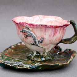 Flower Shape Cup ,Leaf saucer, Lizards ,Tea coffee cup and saucer set ,Botanical porcelain ,Pink flower ,handmade