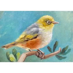 White - Eyed Bird Painting Songbird Original Art Fauna Artwork 5x7" by Svetlana