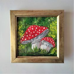 Mushroom Miniature Painting Mushroom Painting Small Wall Art Fly Agaric Painting impasto Tiny Painting Wall Decor