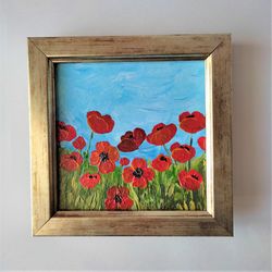 Painting of Poppies Field of Poppies Original painting small wall art Landscape mini painting of poppies impasto artwork