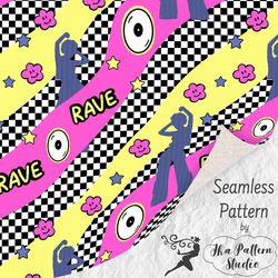 Y2K Seamless Pattern File, dancing girl, 2000s mood digital background. For fabric, wrapping paper, tumblers and more