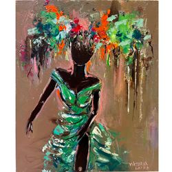 Black Woman Painting Original Art Flowers Art African Woman Painting Peony Painting 13 by 16" Faceless Portrait Painting