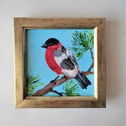Bird Painting Small Bird Miniature Painting impasto Bullfinch Wall Art Bird mini Wall Decor Bird Original Painting