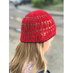 Summer crochet cotton red bucket beanie skullcap hat with heart made to order