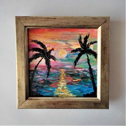 Sunset Painting Seascape Small Wall Decor Tropical Sunset Impasto Painting Textured Ocean Painting Miniature Wall Art