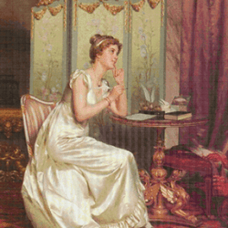 pdf counted vintage cross stitch pattern | writing the answer | vittorio reggianini 1858-1938 | 6 sizes