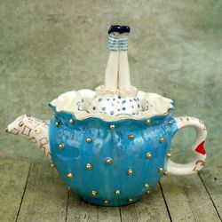 Alice teapot, Turquoise porcelain sculpture teapot ,Whimsical figurine, Alice's legs, Golden pea texture ,Wonderland
