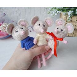 Set 3 pcs, Mini Mouse Family, Little Mouse Handmade, Miniature Crochet Mouse
