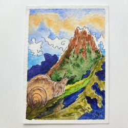 Landscape painting mountain original art watercolor ACEO snail painting work