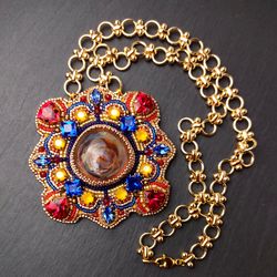 mandala pendant swarovski crystal necklace embroidered necklace beaded pendant chain lamp work cabochon