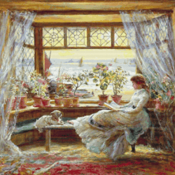 PDF Counted Vintage Cross Stitch Pattern | Reading by the Window | Charles James Lewis 1830-1892 | 4 Sizes