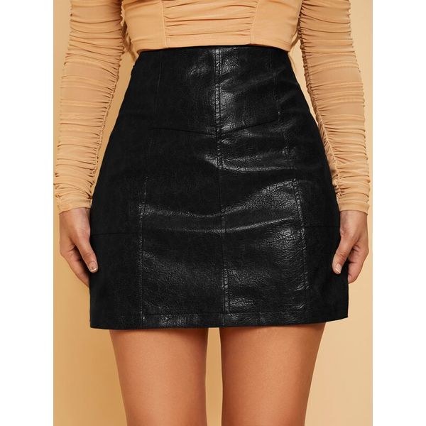 Faux PU Leather High Waist Zipper Side Straight Pencil Mini Skirt Women (1).jpg