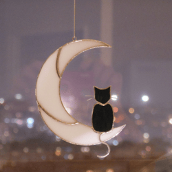 Black Cat On Moon. Art stained glass window hanging Suncatcher, Gift for animal lover, pet loss memorial, outdoor decor