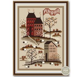 sampler autumn village pumpkins cross stitch pattern embroidery digital pdf file instant download 180
