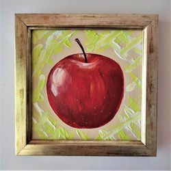 Apple Painting Fruit Original Art Food Artwork Impasto Acrylic Painting Small Red Apple Kitchen wall decor Apple mini